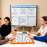 **Prompt 1: Collaborative Problem Solving and Breakthrough Moments**
    A diverse group of occupational therapists (4-6 people, male and female, various ages and backgrounds) gathered around a modern table, actively engaged in a lively discussion. One therapist is gesturing towards a whiteboard with a complex case diagram, while another points to a specific detail, sparking an "aha!" moment. Expressions are a mix of focused concentration, shared understanding, and a sense of relief. The atmosphere is collaborative and innovative, with a soft, warm light illuminating the scene. Subtle elements like therapy tools or a laptop with a digital treatment plan are visible in the background. Professional, realistic photography style.