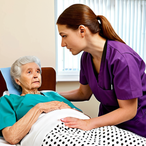 Home 17 **Empathic Occupational Therapist:** An occupational therapist actively listening to an elderly woman, showing concern and understanding. The setting is a bright, comfortable clinic room. Focus on the genuine connection and compassionate body language.