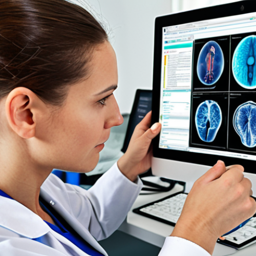 Home 16 **Occupational therapist exploring a tablet displaying eHealth solutions, surrounded by diverse tech interfaces. Focus on a modern, innovative workspace.** (Focus: eHealth integration in OT)
