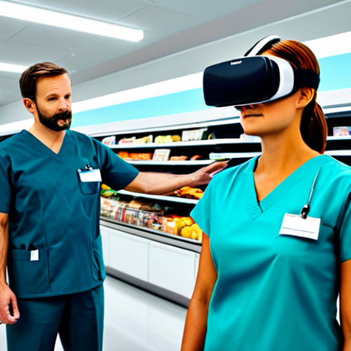 Home 7 A mid-adult patient, fully clothed in comfortable, modest athletic wear, wearing a Virtual Reality headset. An occupational therapist, fully clothed in professional, modest medical scrubs, stands beside them, observing and guiding. They are in a bright, modern neurological rehabilitation center. The patient's virtual environment, visible through subtle holographic projection or a clean screen display in the background, shows a safe, family-friendly virtual supermarket aisle. The scene is captured with professional lighting, clear focus, and high-quality detail. safe for work, appropriate content, fully clothed, professional, perfect anatomy, correct proportions, natural pose, well-formed hands, proper finger count, natural body proportions.