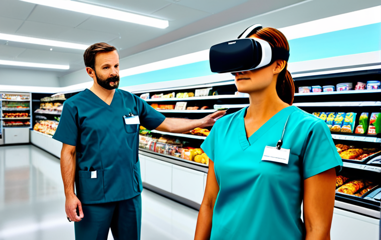 A mid-adult patient, fully clothed in comfortable, modest athletic wear, wearing a Virtual Reality headset. An occupational therapist, fully clothed in professional, modest medical scrubs, stands beside them, observing and guiding. They are in a bright, modern neurological rehabilitation center. The patient's virtual environment, visible through subtle holographic projection or a clean screen display in the background, shows a safe, family-friendly virtual supermarket aisle. The scene is captured with professional lighting, clear focus, and high-quality detail. safe for work, appropriate content, fully clothed, professional, perfect anatomy, correct proportions, natural pose, well-formed hands, proper finger count, natural body proportions.